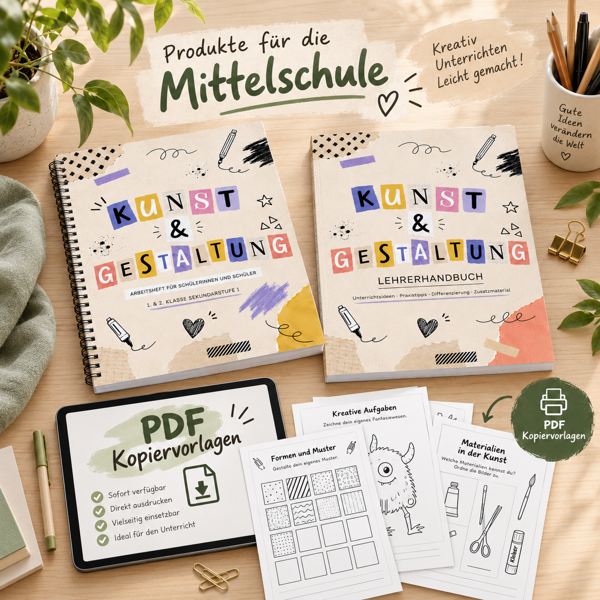 Übersicht der VALUNA Produkte für die Mittelschule mit Arbeitsheft, Lehrerhandbuch und digitalen PDF-Kopiervorlagen für Kunst und Gestaltung.