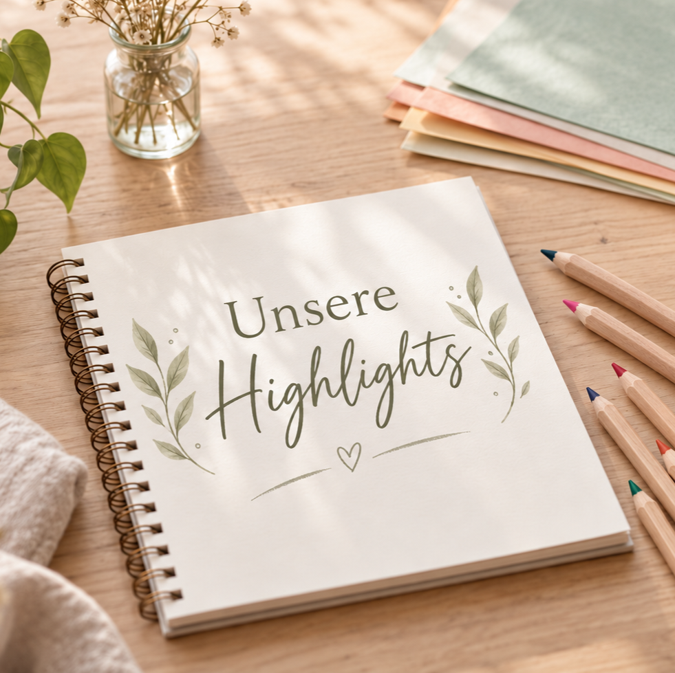 Gemütlicher Kreativarbeitsplatz mit Skizzenblock mit der Aufschrift ,Unsere Highlights‘ und VALUNA Buntstiften auf hellem Holztisch.