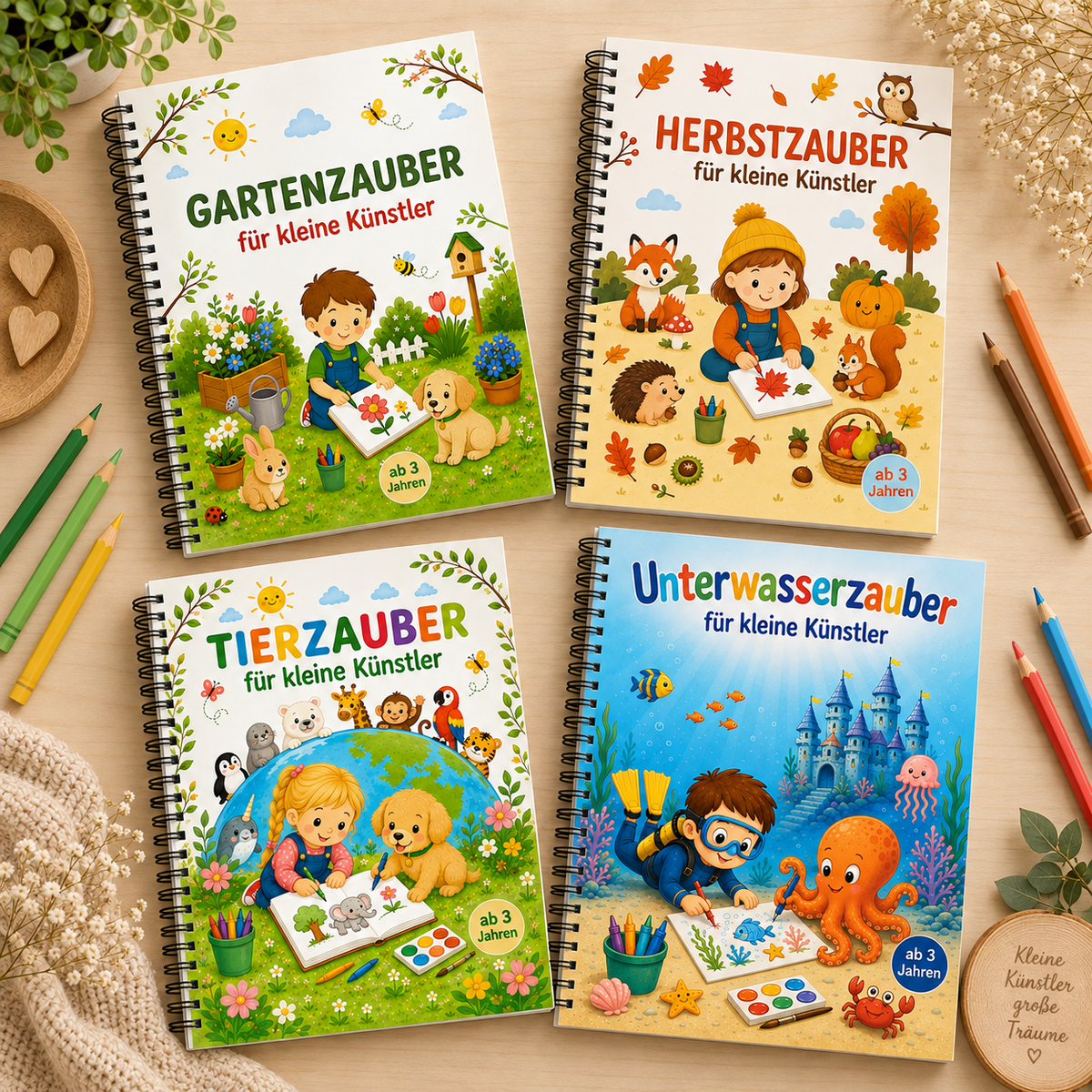 Übersicht der vier VALUNA Malbücher Gartenzauber, Herbstzauber, Tierzauber und Unterwasserzauber für Kinder ab 3 Jahren