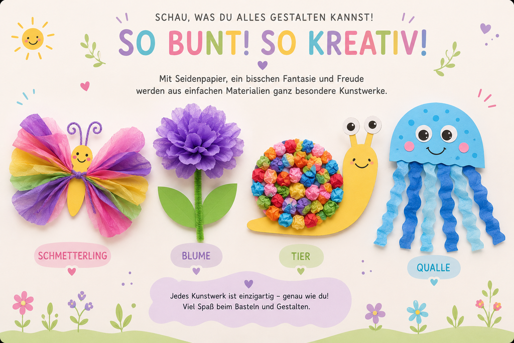 Bunte Bastelideen mit Seidenpapier: Schmetterling, Blume, Schnecke und Qualle.