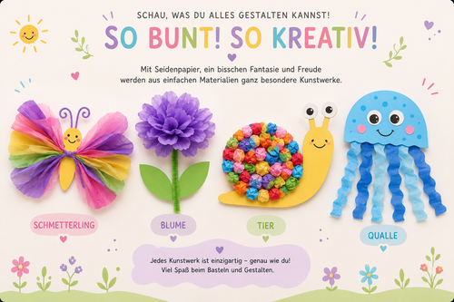 Bunte Bastelideen mit Seidenpapier: Schmetterling, Blume, Schnecke und Qualle.