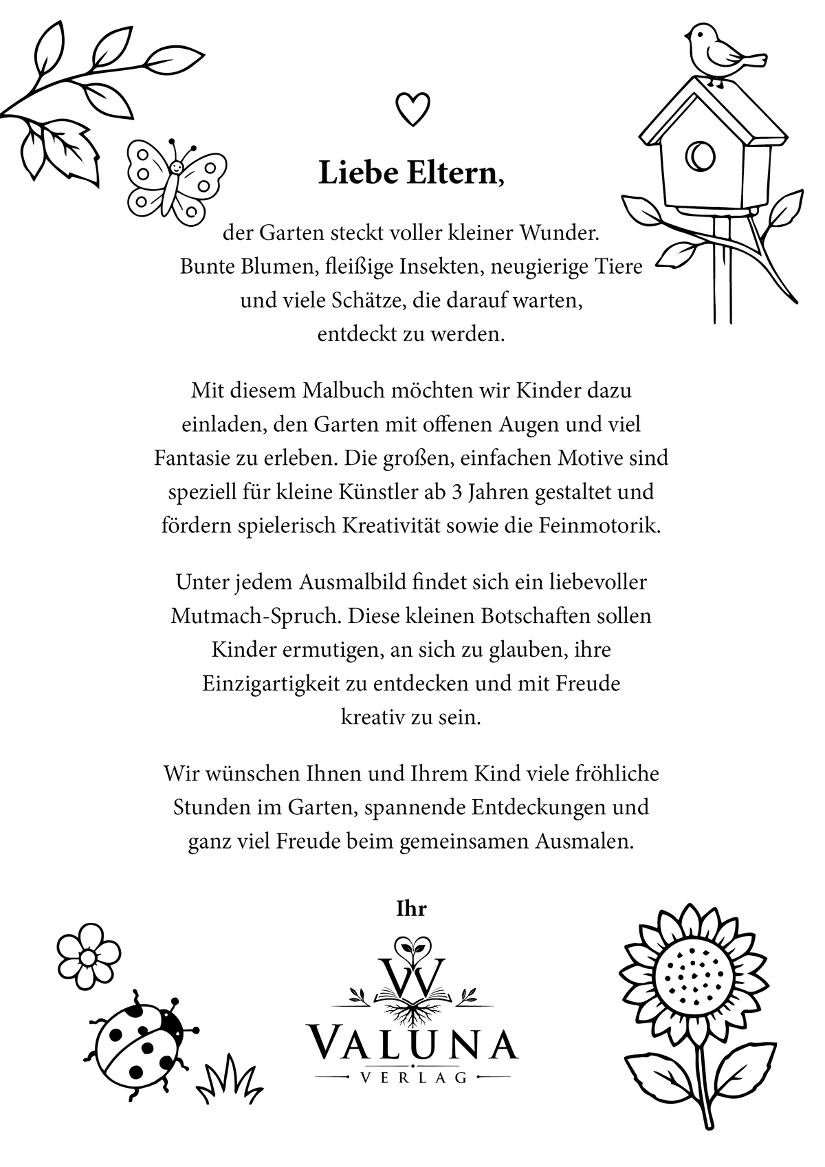 Elternseite im Malbuch Gartenzauber mit Informationen und liebevollen Worten zur gemeinsamen Zeit.