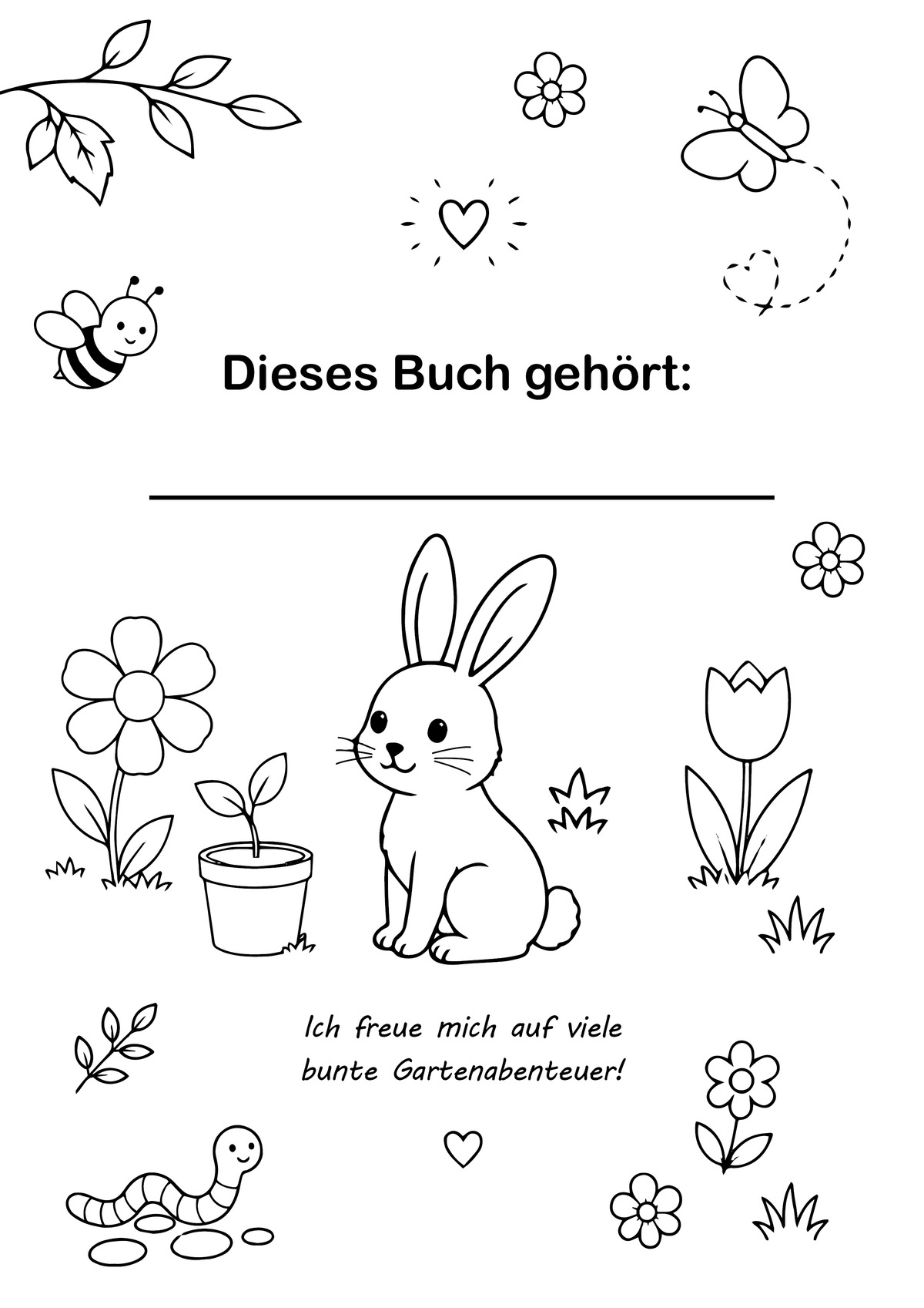 Seite 1  aus dem Malbuch Gartenzauber mit kindgerechten Gartenmotiven zum Ausmalen.