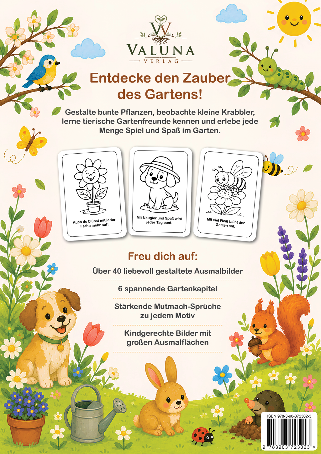 Rückseite des Malbuchs Gartenzauber für kleine Künstler mit Einblicken in die Motive und Inhalte.