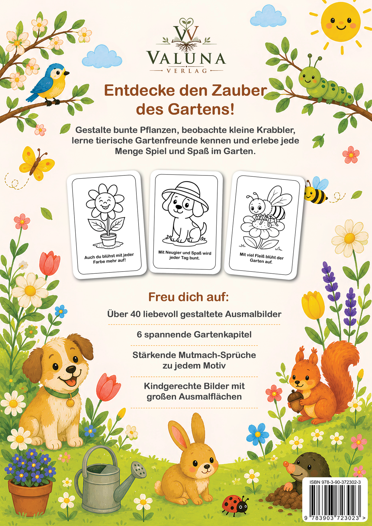 Rückseite des Malbuchs Gartenzauber für kleine Künstler mit Einblicken in die Motive und Inhalte.