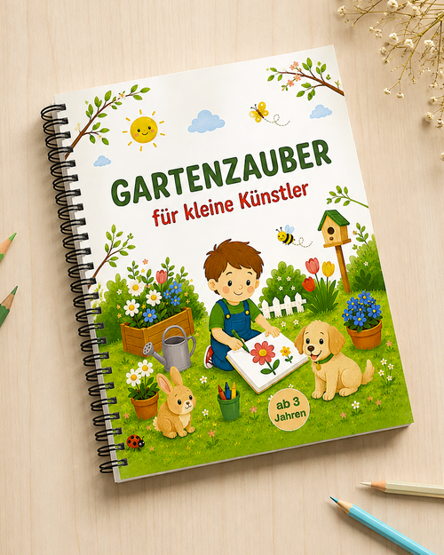 Malbuch Gartenzauber für kleine Künstler von VALUNA mit Spiralbindung auf einem Holztisch.