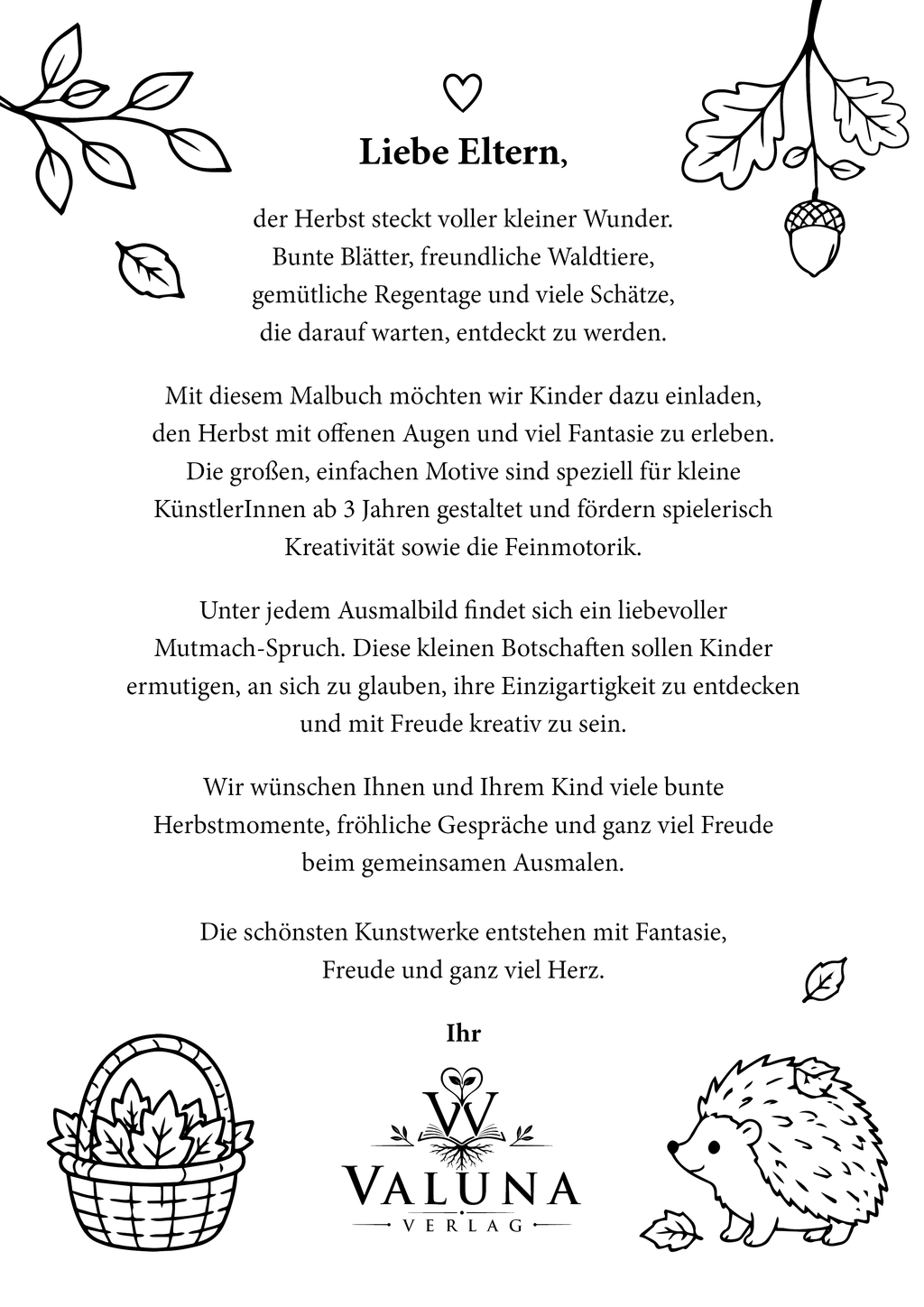 Elternseite im Malbuch Herbstzauber mit Informationen und liebevollen Worten zur gemeinsamen Malzeit.