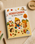 Malbuch Herbstzauber für kleine Künstler von VALUNA mit Spiralbindung auf einem hellen Holztisch.
