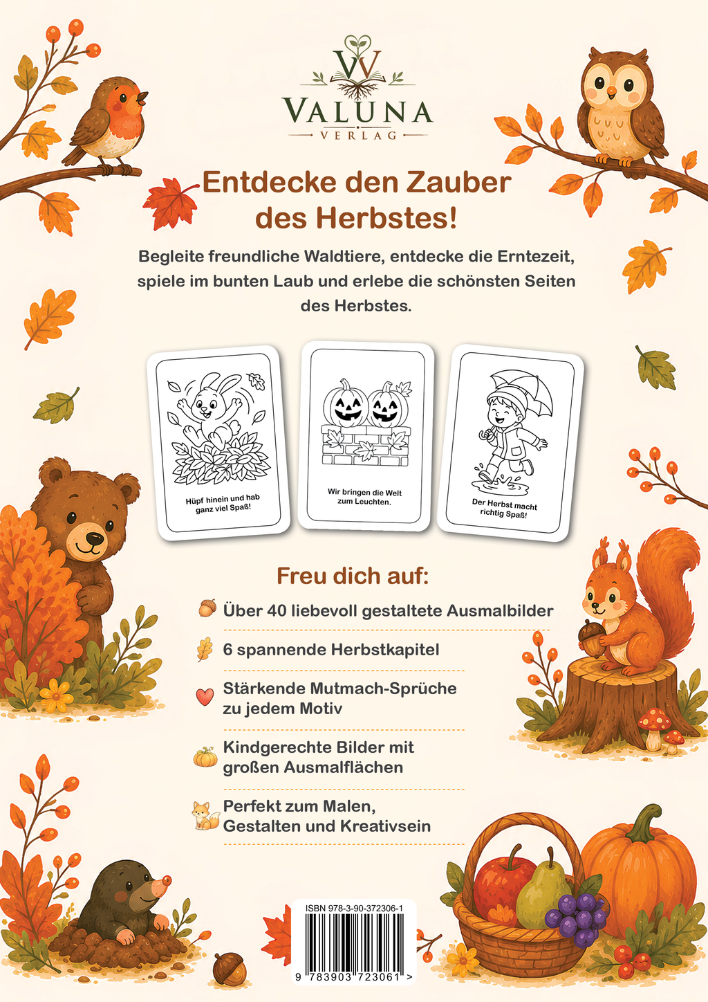 Rückseite des Malbuchs Herbstzauber für kleine Künstler mit Einblicken in die Motive und Inhalte.