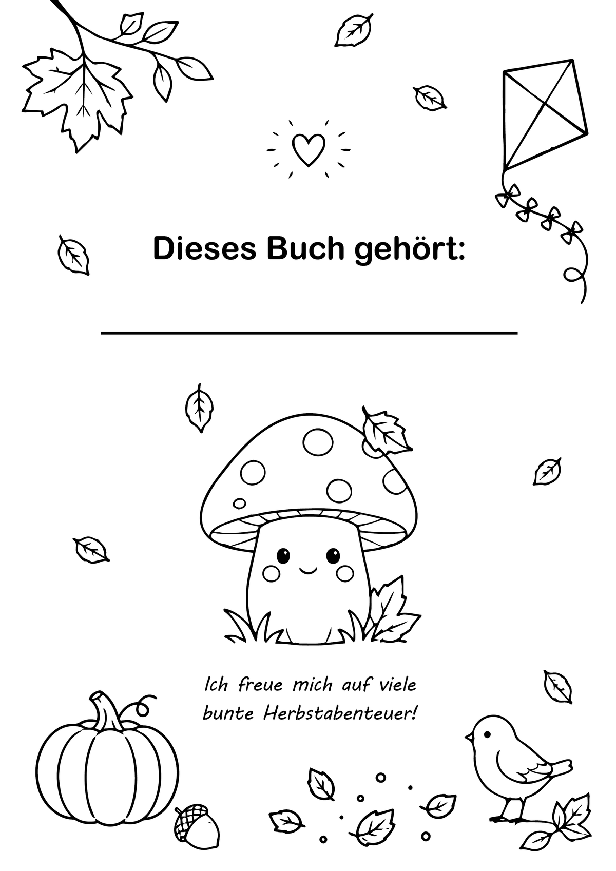 Erste Seite des Malbuchs Herbstzauber mit Feld für den Namen des Kindes und einem herbstlichen Motiv zum Ausmalen.