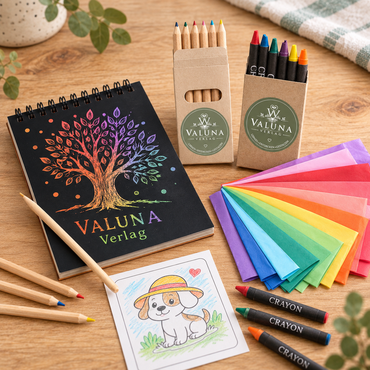 Kreativset für Kinder mit Buntstiften, Wachsmalkreiden, Regenbogen-Kritzelblock und buntem Seidenpapier von VALUNA Verlag.