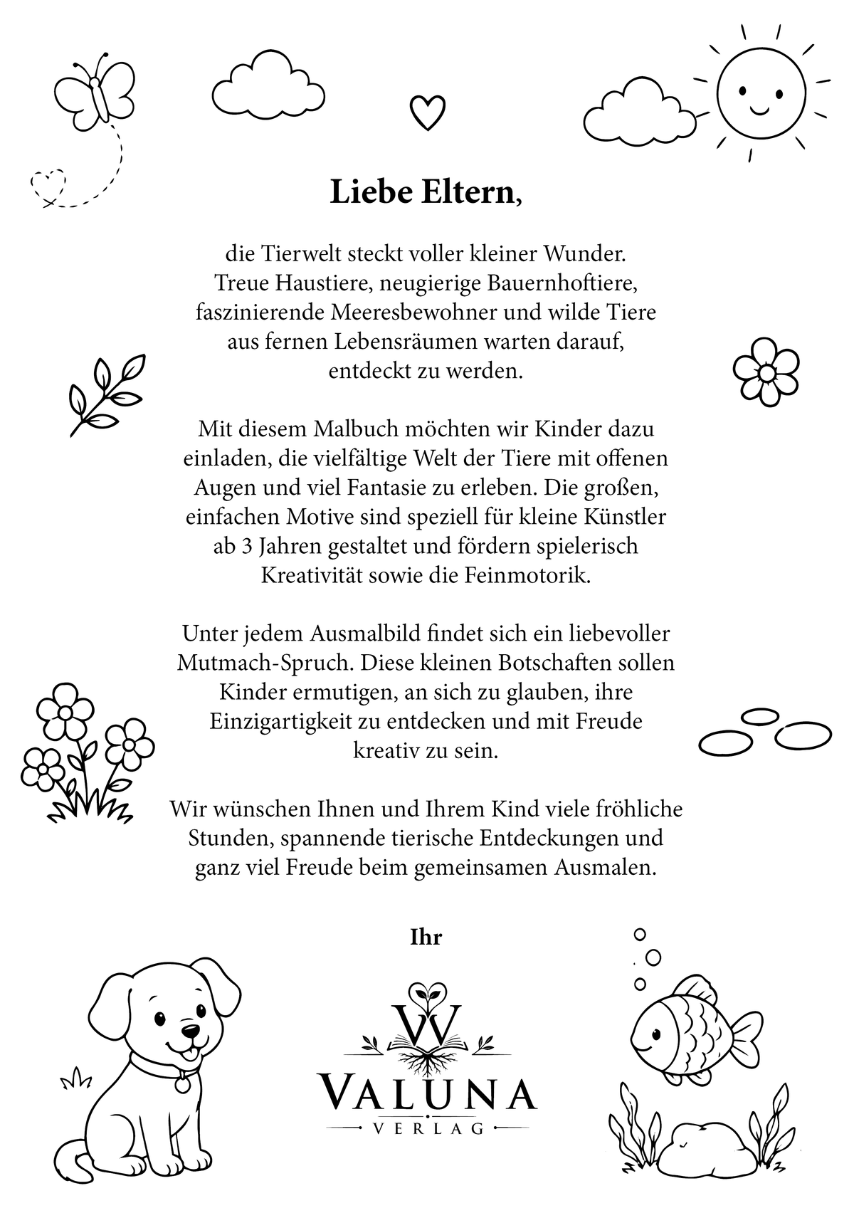 Elternseite im Malbuch Tierzauber mit Informationen und liebevollen Worten zur gemeinsamen Zeit.