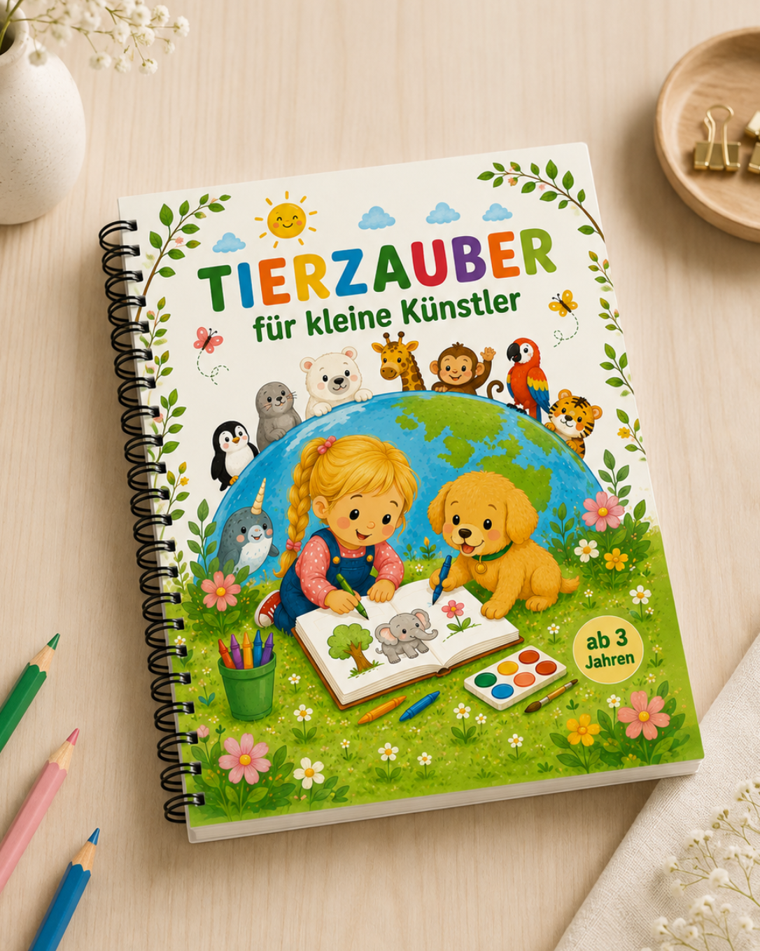 Malbuch Tierzauber für kleine Künstler von VALUNA mit Spiralbindung auf einem hellen Holztisch.