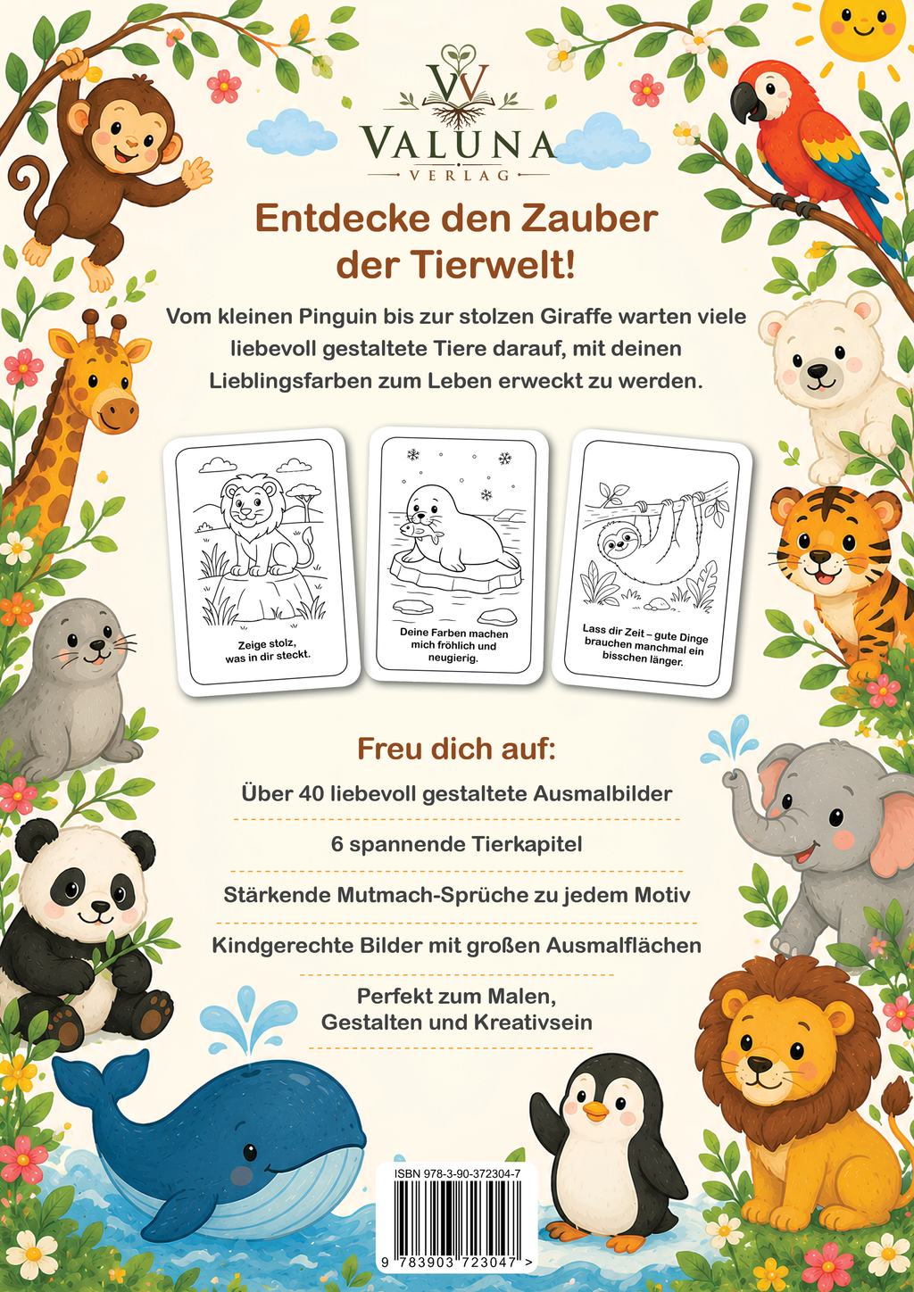 Rückseite des Malbuchs Tierzauber für kleine Künstler mit Einblicken in die Motive und Inhalte.