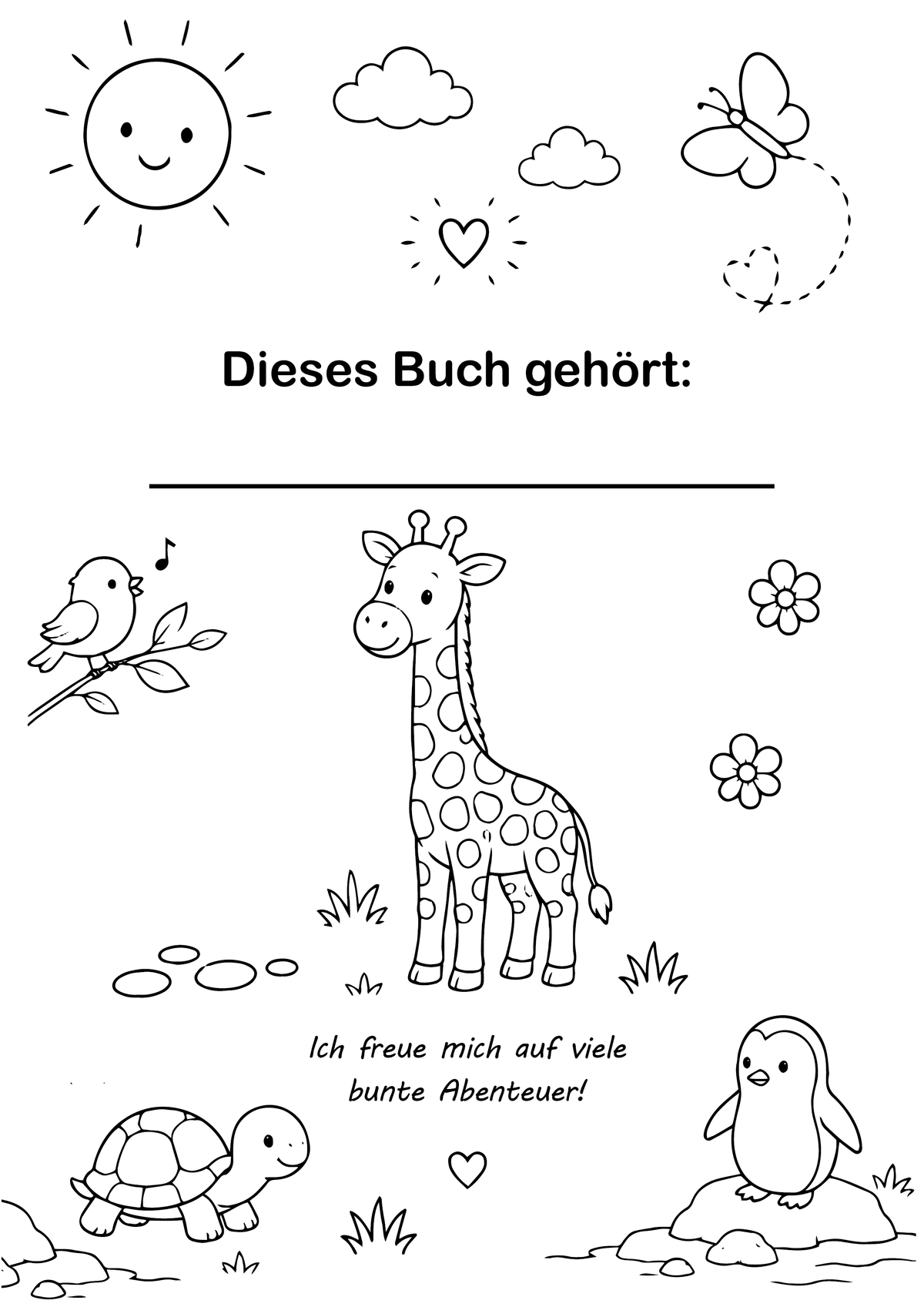Erste Seite des Malbuchs Tierzauber mit Feld für den Namen des Kindes und einem Tiermotiv zum Ausmalen.