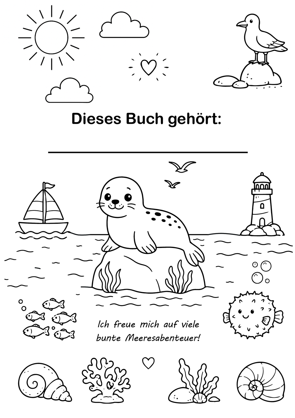Beispielseite aus dem Malbuch Unterwasserzauber mit kindgerechten Unterwassermotiven zum Ausmalen.