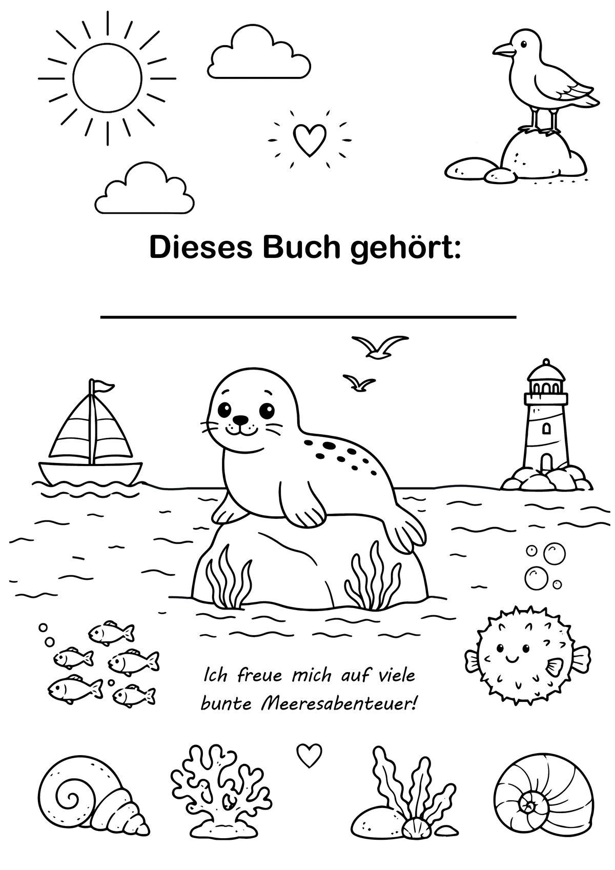 Beispielseite aus dem Malbuch Unterwasserzauber mit kindgerechten Unterwassermotiven zum Ausmalen.