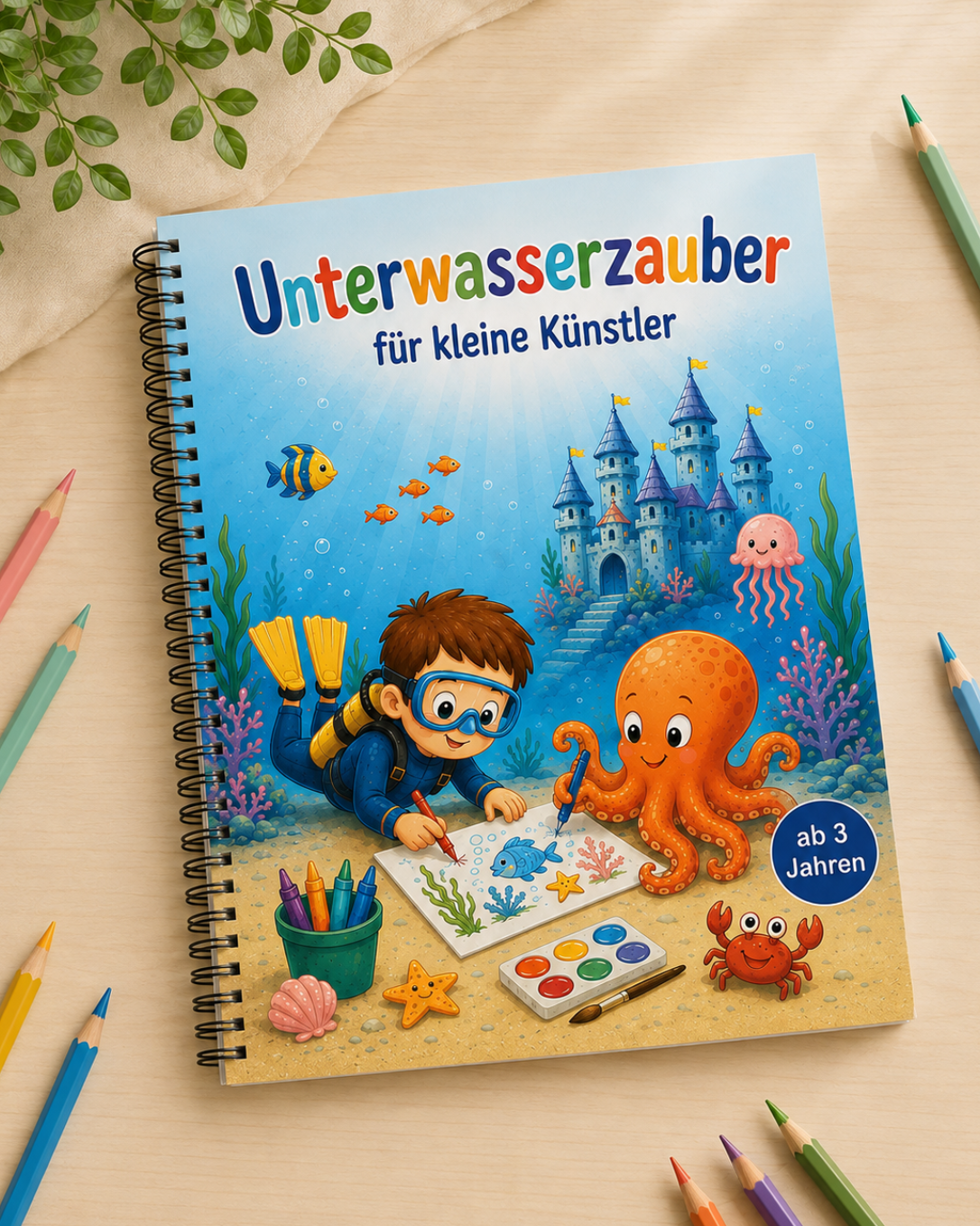 Malbuch Unterwasserzauber für kleine Künstler von VALUNA mit Spiralbindung auf einem hellen Holztisch.
