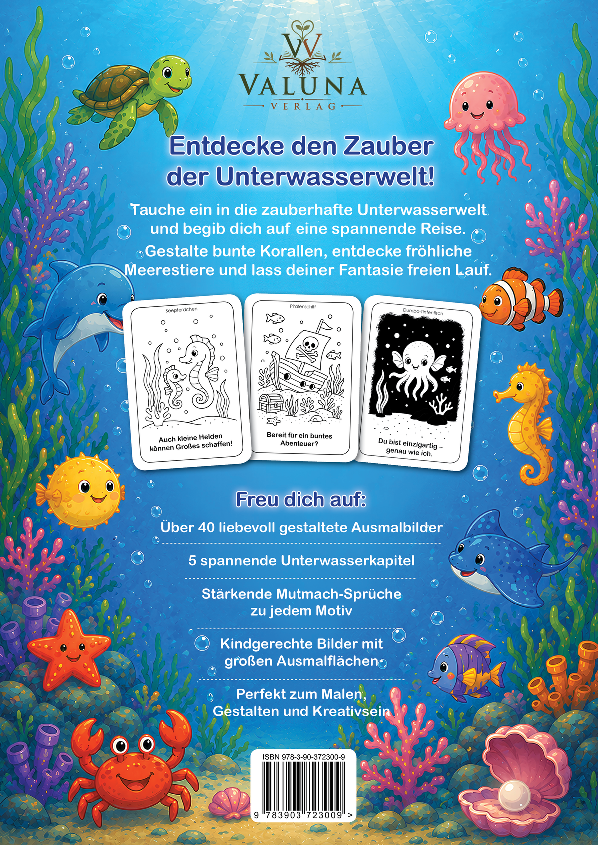 Rückseite des Malbuchs Unterwasserzauber für kleine Künstler mit Einblicken in die Motive und Inhalte.