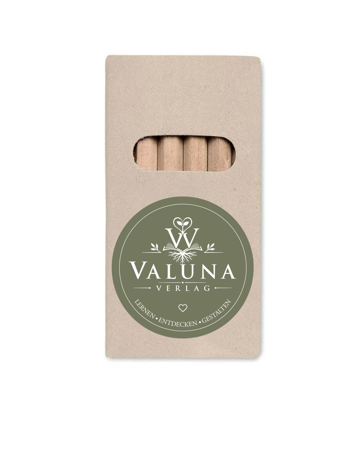 Geschlossene Kartonverpackung der VALUNA Buntstifte mit VALUNA Verlag Logo.