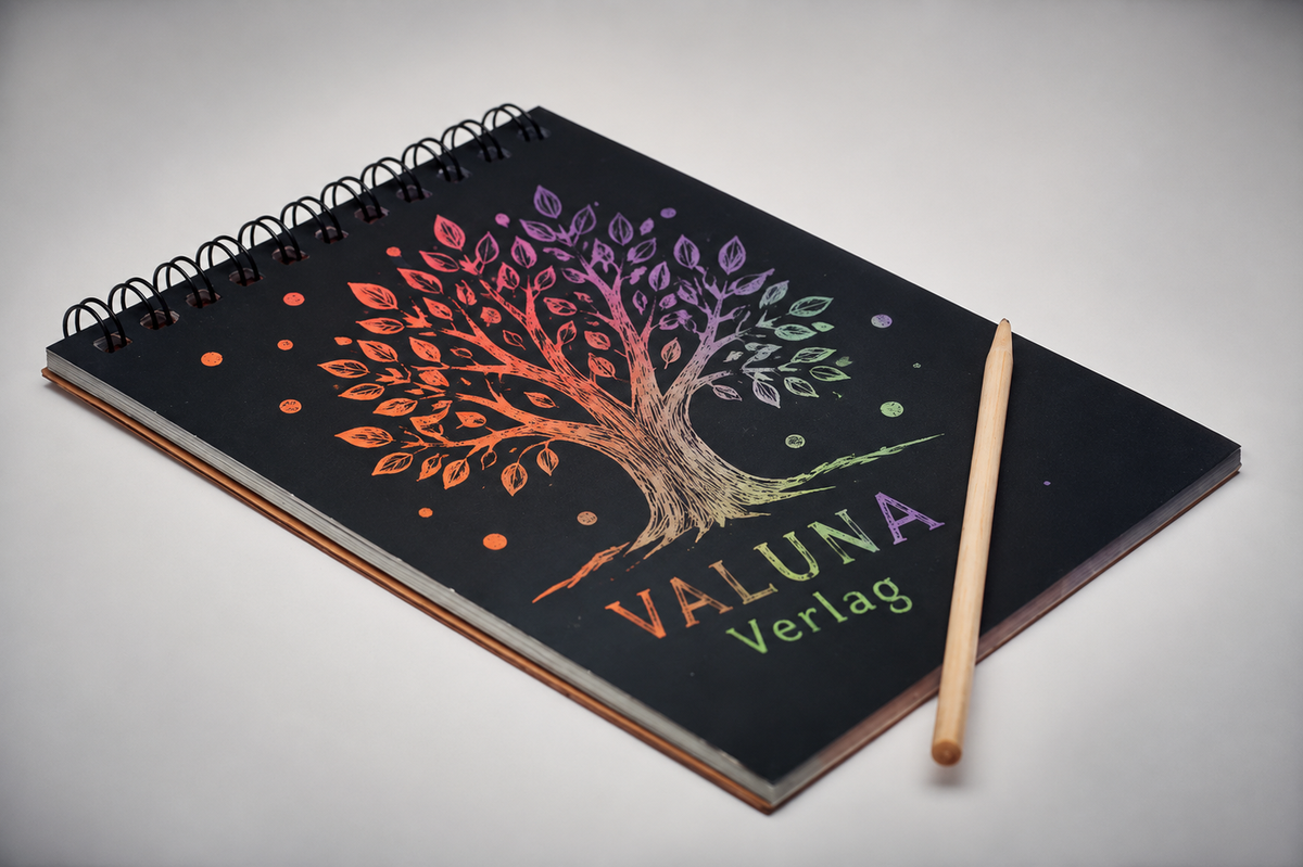 VALUNA Regenbogen-Kritzelblock Beispielbild. Mit schwarzem Kratzpapier, buntem Baummotiv und Holzstift.
