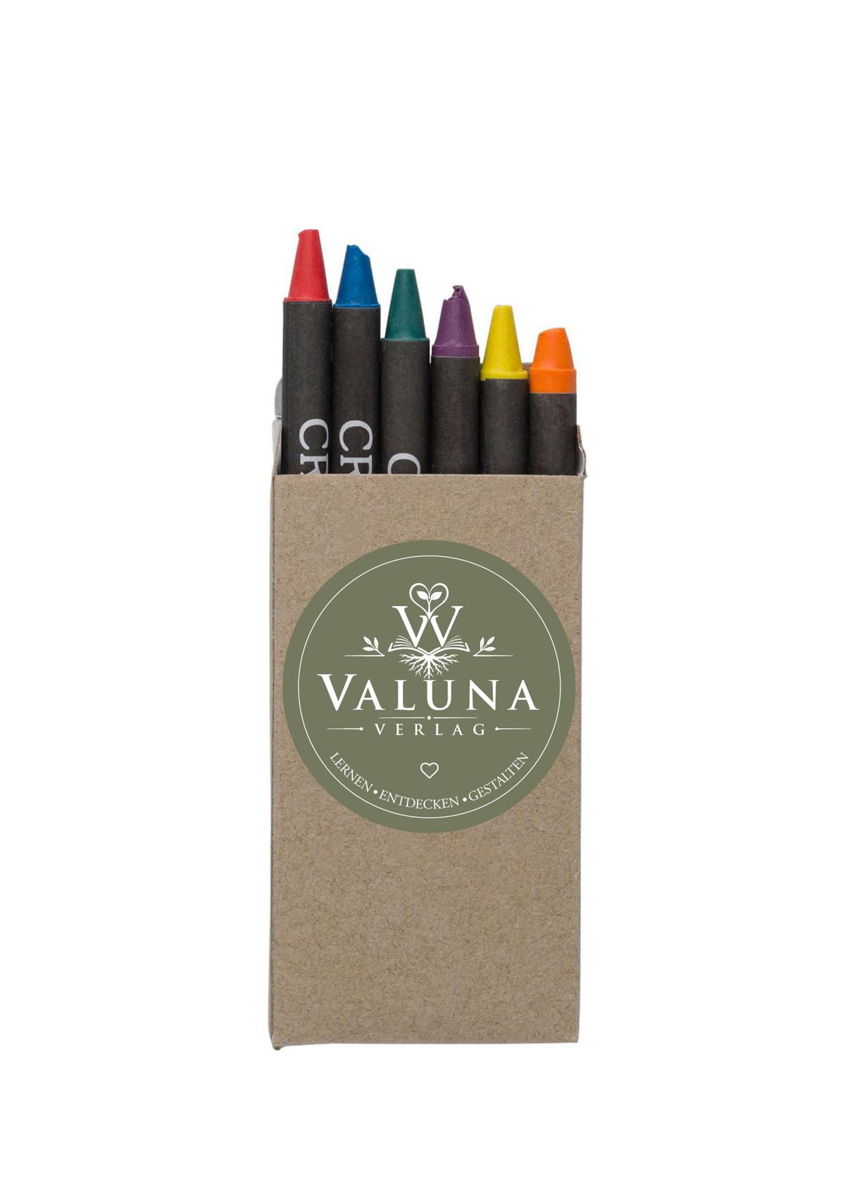 Sechs bunte Wachsmalstifte in einer Kartonverpackung mit VALUNA Verlag Logo.