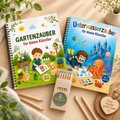 Bundle mit den Malbüchern Gartenzauber und Unterwasserzauber sowie 6 bunten Buntstiften von VALUNA Verlag.