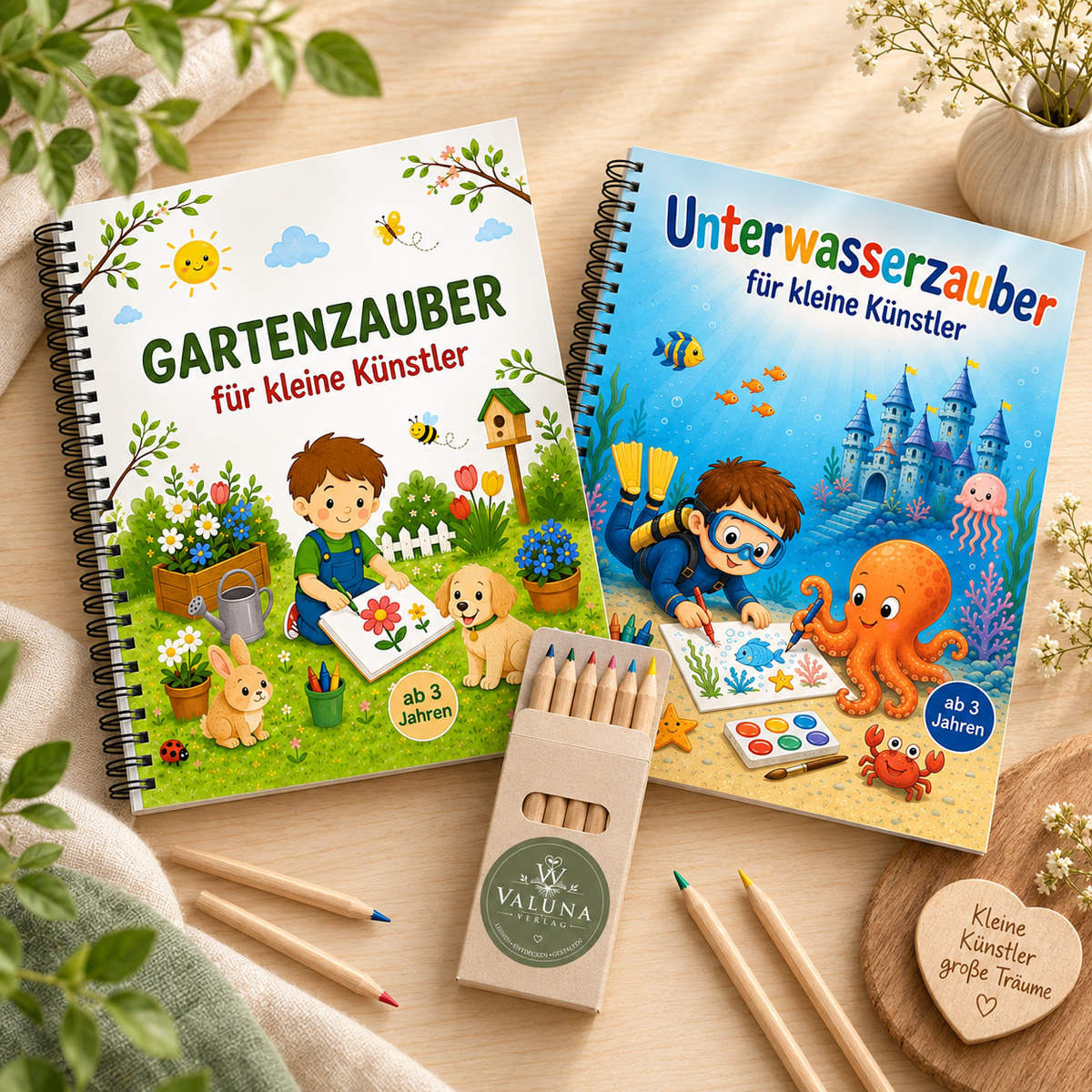 Bundle mit den Malbüchern Gartenzauber und Unterwasserzauber sowie 6 bunten Buntstiften von VALUNA Verlag.