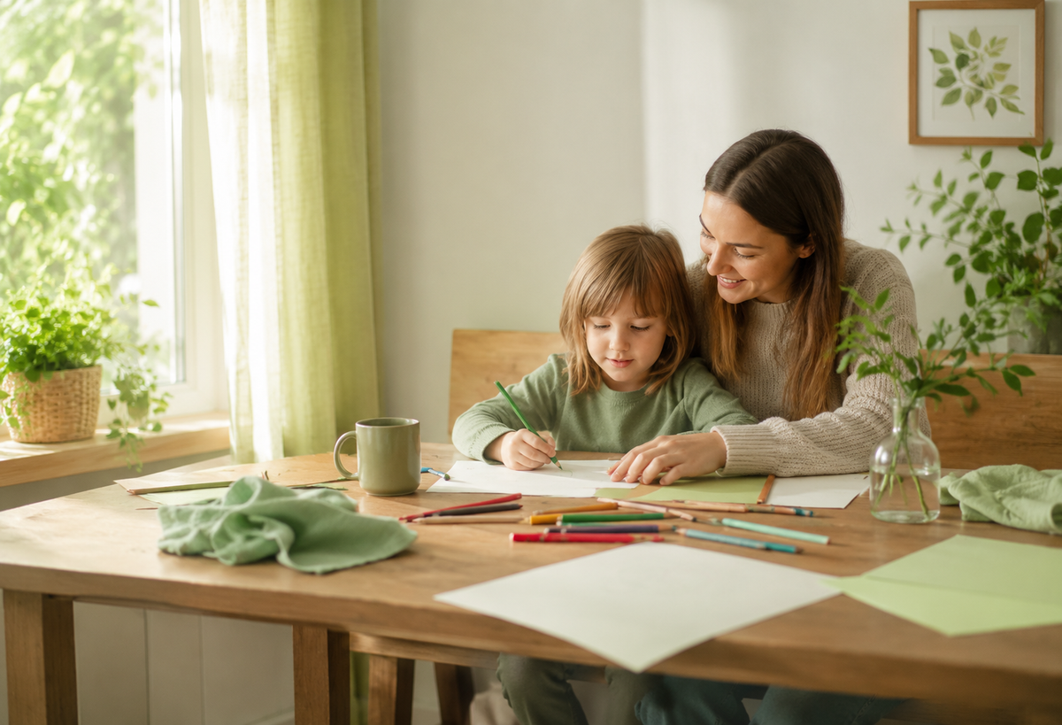 Eine Mutter und ein Kind verbringen gemeinsam kreative Zeit beim Malen und Zeichnen an einem warmen, einladenden Tisch.