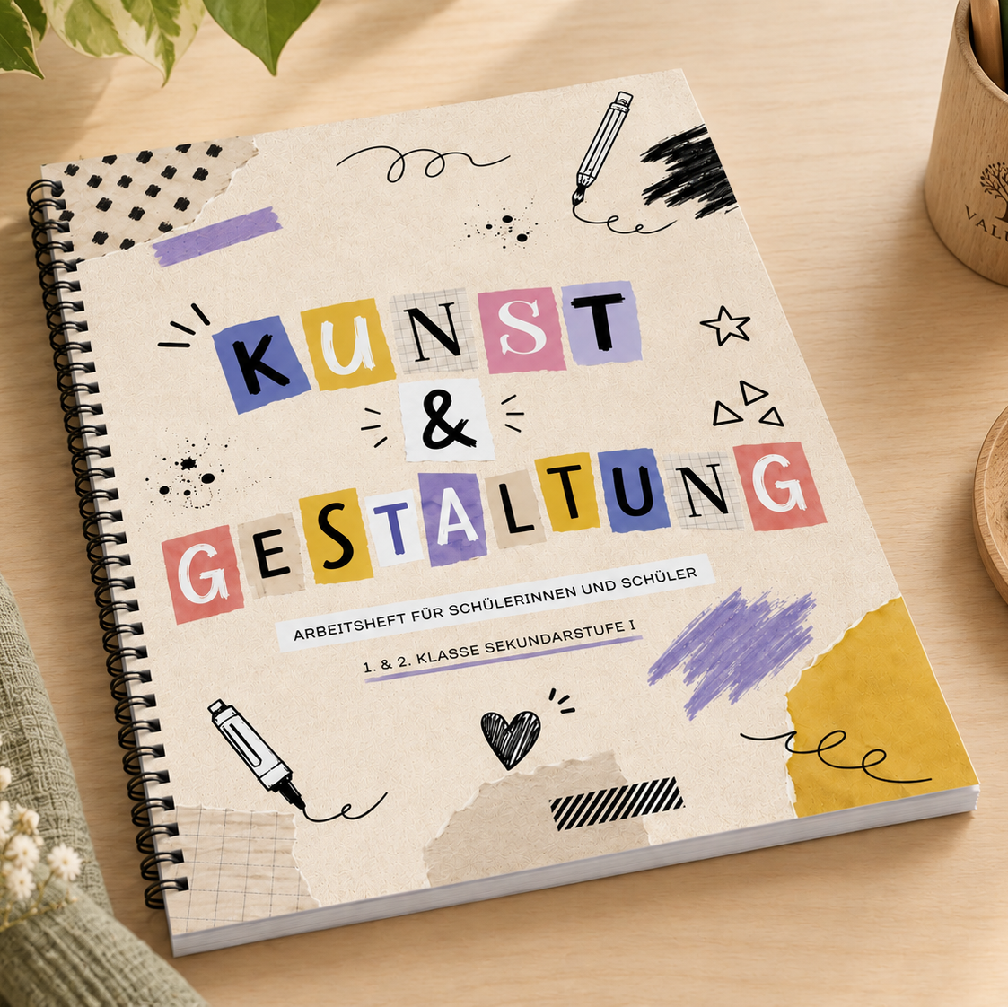 Arbeitsheft Kunst und Gestaltung für die 1. und 2. Klasse Sekundarstufe I von VALUNA Verlag auf einem hellen Holztisch.