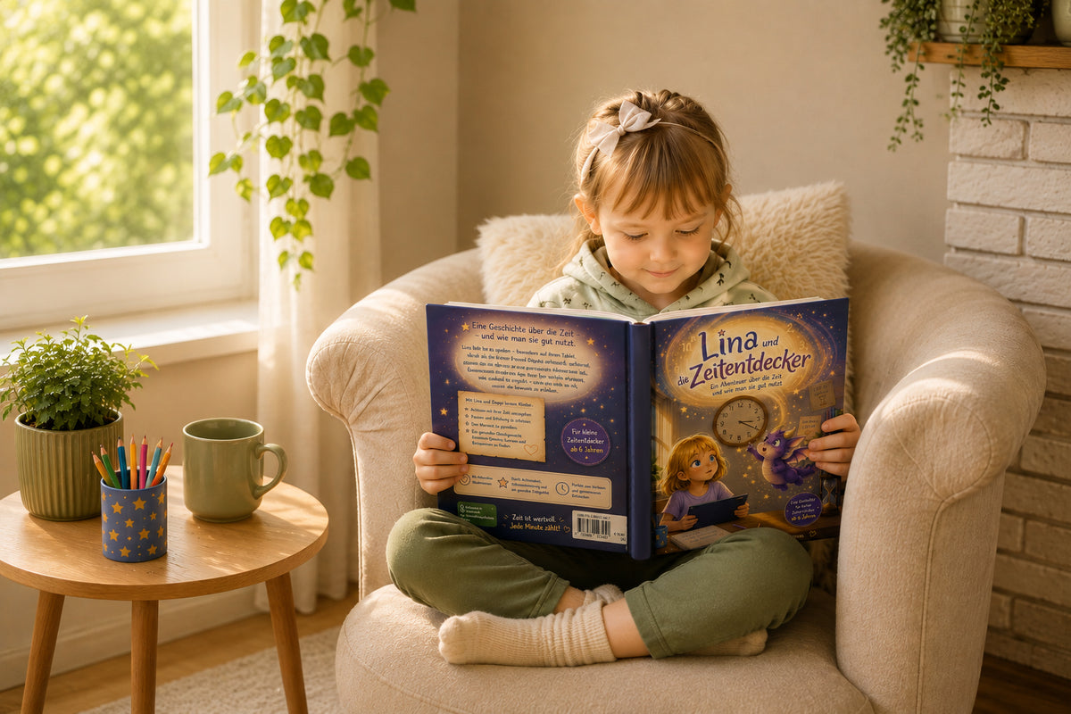 Gemütlicher Lesemoment: Ein Kind liest konzentriert ein Buch in einem warmen, einladenden Zuhause mit liebevollen Details.